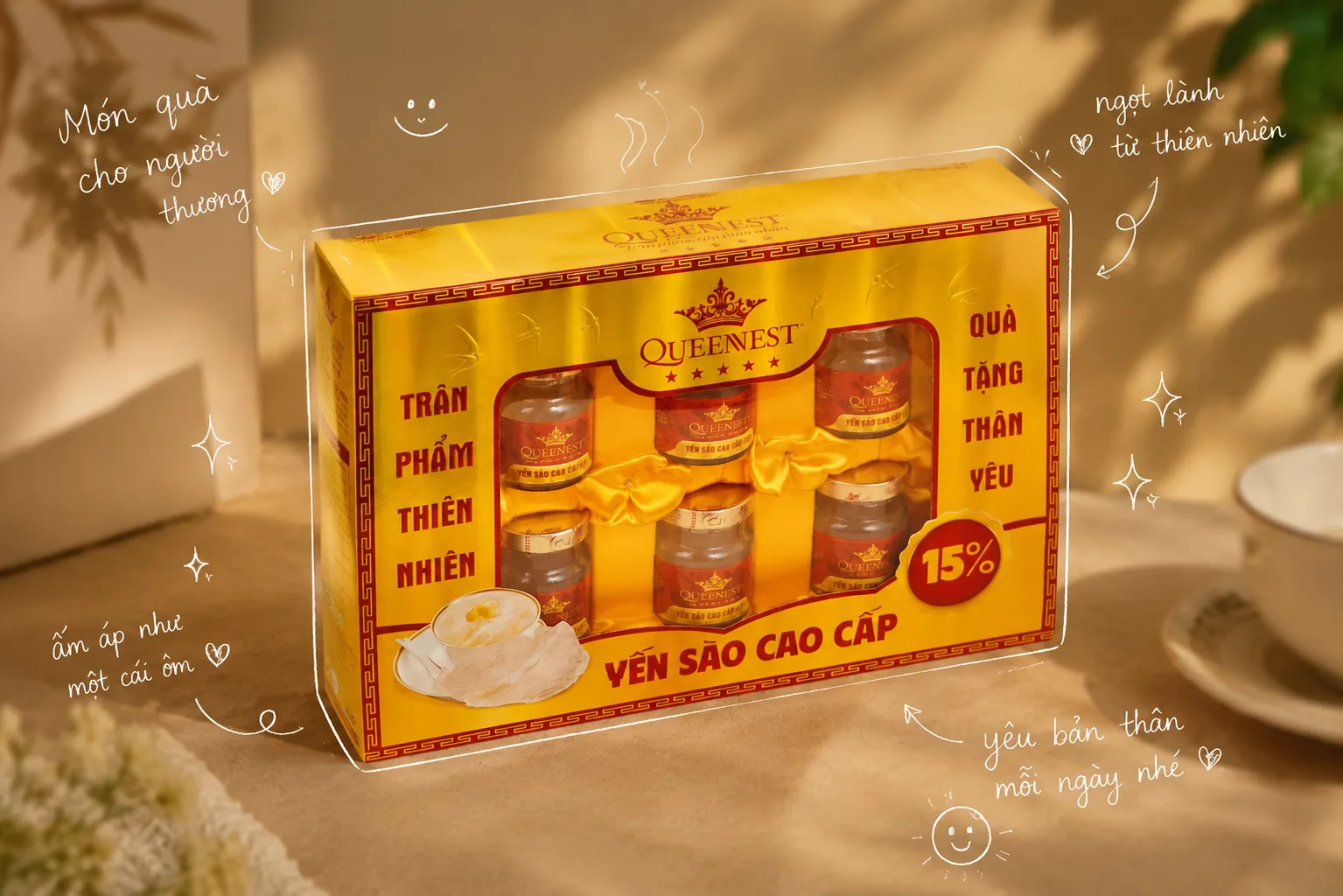 NƯỚC YẾN QUEENNEST 15% - 70ML HỘP VÀNG (hộp 6 hũ)